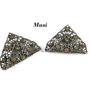 Vintage MUSI Filigree Shoe Clips, Gold Rhinestones, 1950s, 1 3/4 Inches